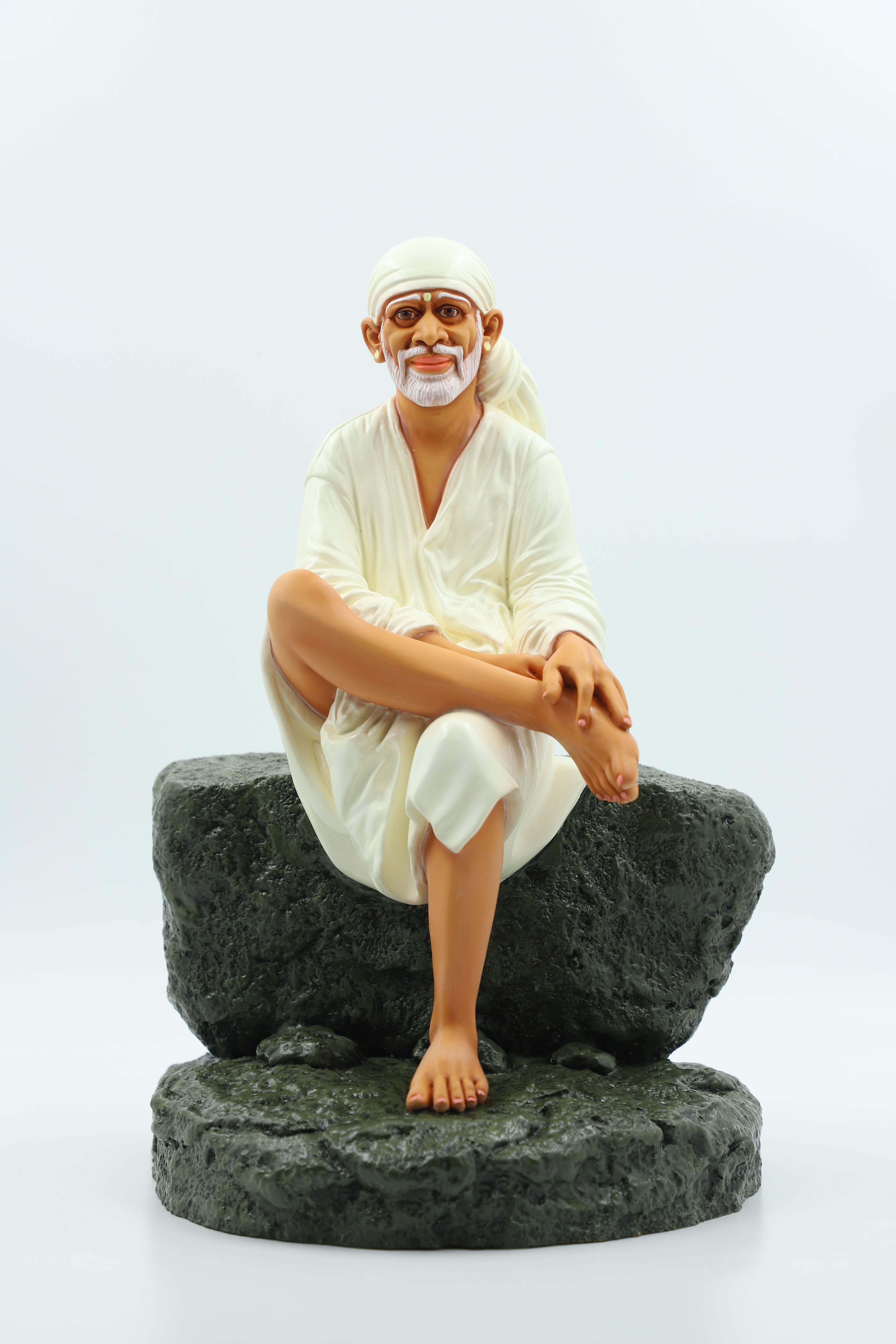🙏Hemant Art Shirdi Sai Baba Statue / Idol / Murti – 🛕Sitting on Stone – 12 Inch (White, Pure Resin & Marble Finish, Handcrafted Spiritual Idol for Home Temple & Gifting)
